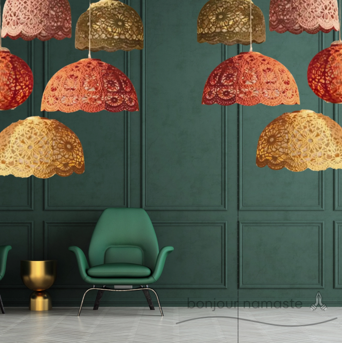 Small, Medium, Large Hand-Crocheted Lampshades – Soft Pink, Olive Green, Rust – Layered Display in Living Space with Green Wall and a Green Armchair