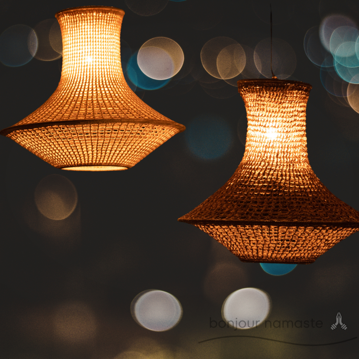 Close-up of Aurelia crochet lampshades with soft ambient bokeh lighting