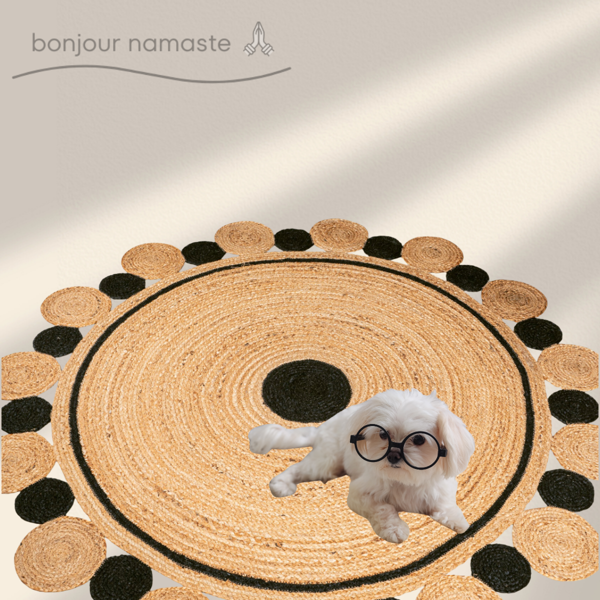 Cute puppy sitting on the Bonjour Namaste round black and natural palette jute rug, modern boho style