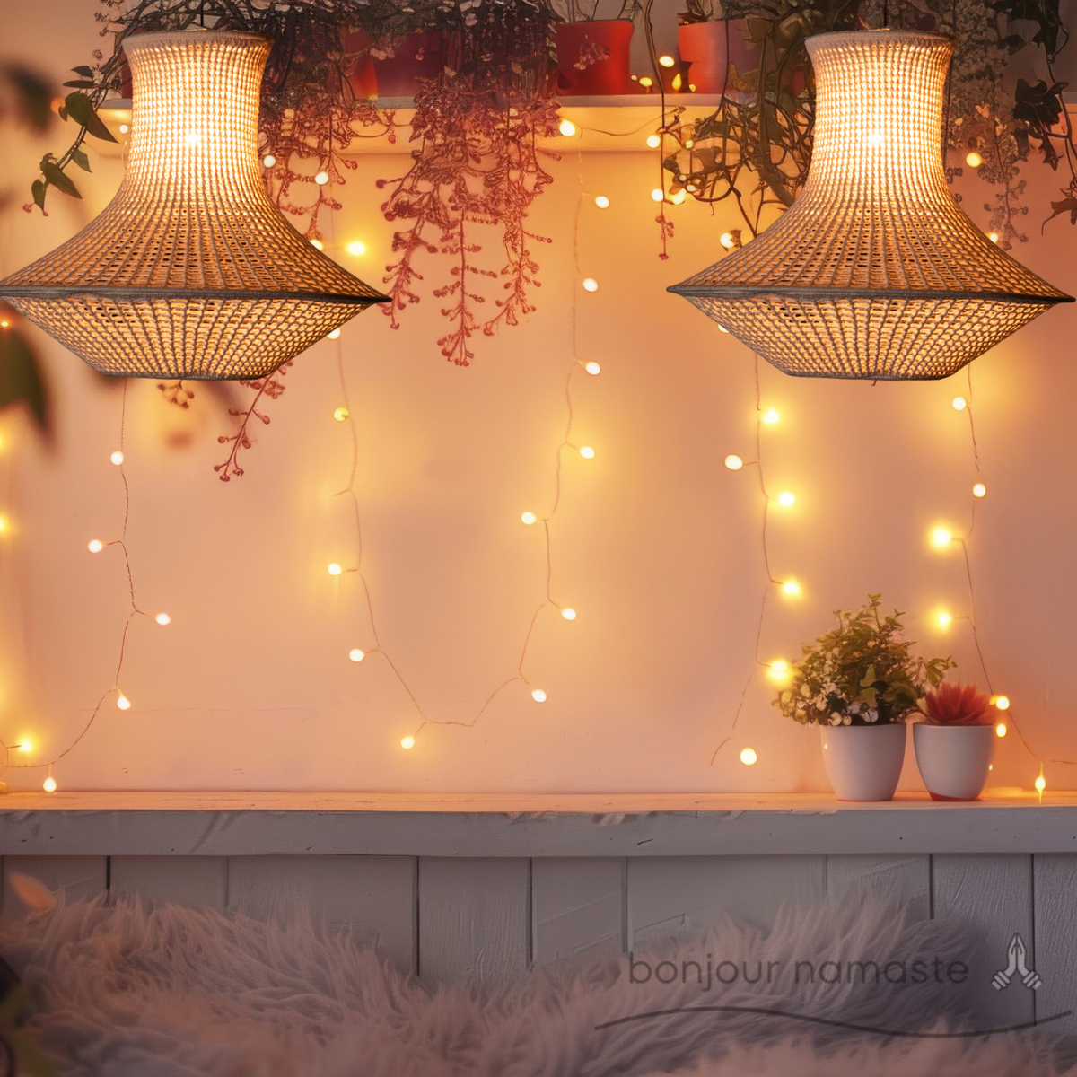 Aurelia crochet lampshades styled at an outdoor event with ambient lighting
