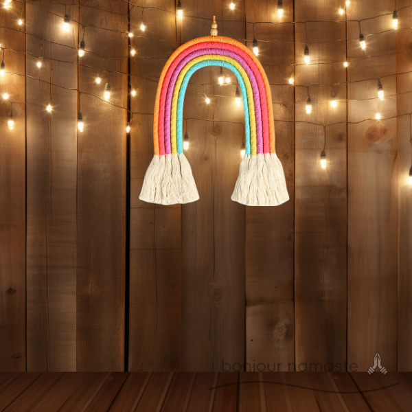 Cotton macramé rainbow hanging modern interior against a bokeh of lights