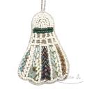 Handmade shuttlecock ornament — natural tones with tambour sequin embroidery.